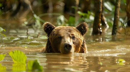 Obraz premium A bear swimming through a flooded forest 