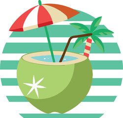 retro style Coconut drink ,Cocktail,umbrella,straw plam tree vector illustration