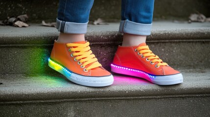 Bright and Colorful LED Shoes on Steps, Showcasing Vibrant Neon Lights for Fun and Fashionable Footwear, Ideal for Casual Events and Youthful Style