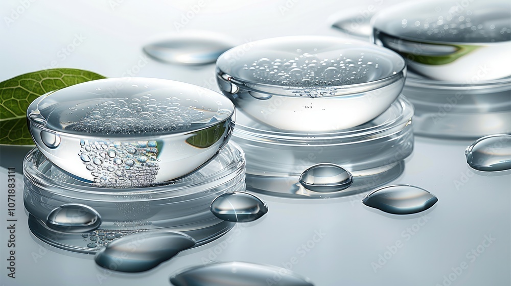 Poster White background, glass material with transparent water droplets on the surface of three-dimensional circles connected by metal frames in a geometric pattern.