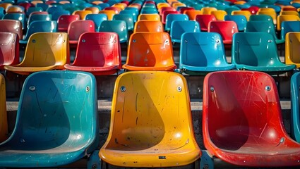 Fototapeta premium Sports Background Featuring a Close-Up Angle of Colorful Plastic Stadium Seats Against the Backdrop of an Empty Field, Creating a Sense of Longing for Action, Abstract Art Style