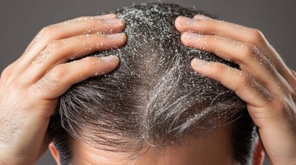 Naklejka premium Close-up of a distressed man showing dandruff on his scalp while holding his head, highlighting the common issue of dry skin and hair problems in personal care.