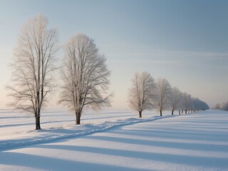 Obraz premium Winter landscape with frosted trees lining a snowy field at dawn.
