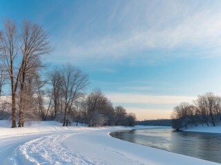 Obraz premium A snowy riverbank with trees under a clear blue sky in winter.