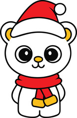A cute bear cub wearing a Santa clause hat and scarf on white background 