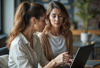 Two Women Collaborating On Laptop In Modern Office Setting