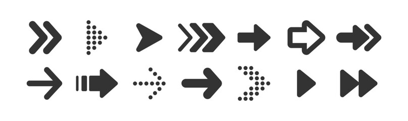 Set of black arrow icons. Various packaging symbols. Motion pointers. Site and player control buttons. Flat style logos. Information pointers. Wayfinding directions. Modern simple vector arrows.