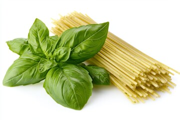 Fresh Basil and Raw Spaghetti Noodles on White Background
