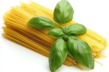 Fresh Basil and Raw Spaghetti Noodles Composition