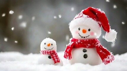 Two cheerful snowmen in winter wonderland, wearing red scarves hats, surrounded by sparkling white snow.