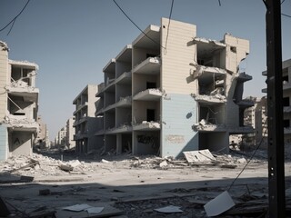 Desolate urban landscape after conflict in a devastated city.