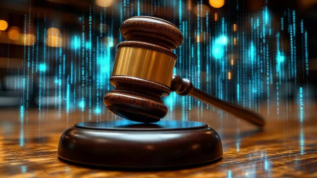 A wooden gavel rests on its sound block against a blurred background of glowing blue digital lines, symbolizing the future of law and technology.