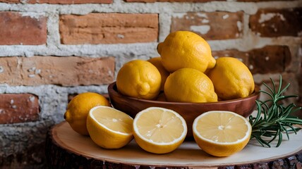 Rustic arrangement of fresh lemons on wooden board. Whole lemons in a wooden bowl, halved lemons and rosemary. Brick wall background. 