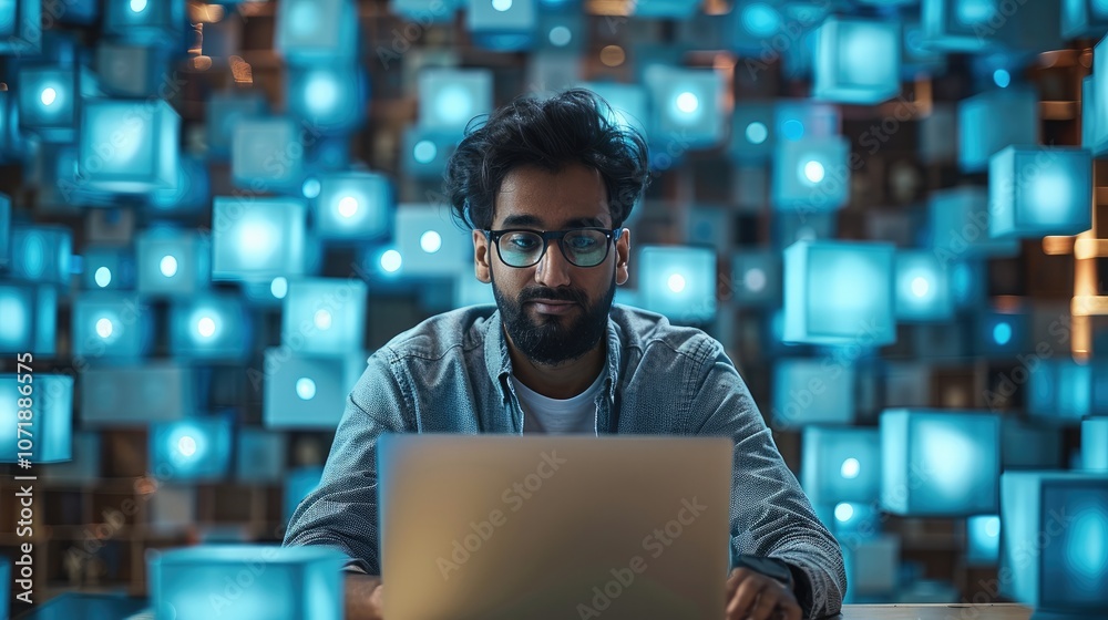 Poster an indian man sitting at a desk while working on a laptop. behind him is plethora of blue cubes eman