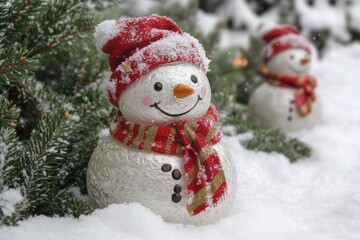 Two cheerful snowmen with carrot noses, button eyes, scarves stand in snowy winter landscape under clear blue sky.