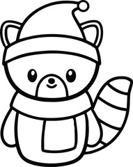 Fototapeta premium vector silhouette Outline of A cute raccoon wearing a Santa clause hat and scarf on white background
