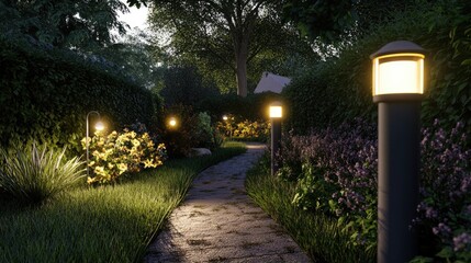 Obraz premium Serene Garden Pathway Illuminated by Soft Lights Surrounded by Lush Greenery and Colorful Blossoms Capturing the Tranquility of Outdoor Spaces at Dusk