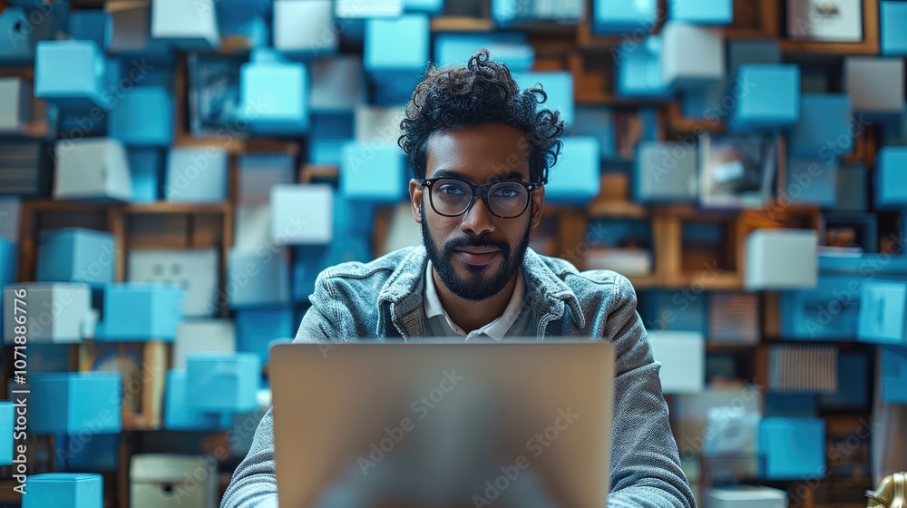 Aufkleber an indian man sitting at a desk while working on a laptop. behind him is plethora of blue cubes eman