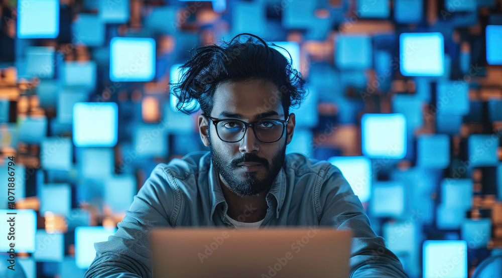 Poster an indian man sitting at a desk while working on a laptop. behind him is plethora of blue cubes eman