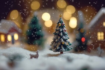 Snowcovered small Christmas tree with red ornaments, surrounded by fresh white snow, capturing winter holiday spirit.