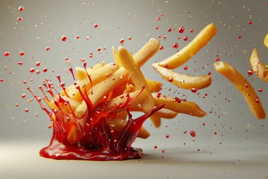 Image of flying French fries and ketchup adding color and motion to the shot