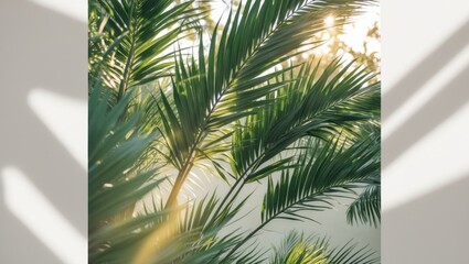tropical palm leaves with sunlight through branches.