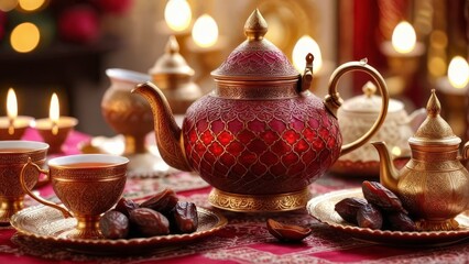 Fototapeta premium Eid Table with Dates and Tea in Ornate Style for Eid Mubarak