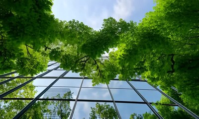 A captivating view of a modern glass building reflecting lush green leaves and a blue sky, showcasing the harmony between nature and urban architecture.