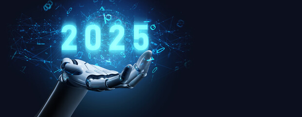 Robotics hand holding or showing on the year 2025 to welcome new technology,Deep...