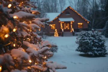 Cozy snowcovered house glowing warmly, surrounded by frosty trees, perfect winter wonderland scene under starlit sky.