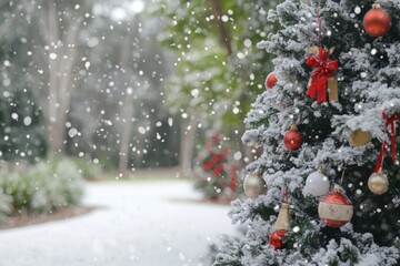 Festive Christmas tree adorned with red, gold ornaments, twinkling lights, green pine needles, creating holiday cheer.