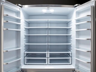 Empty refrigerator interior with bright lighting and organized shelves showcases spacious storage potential for food and beverages.