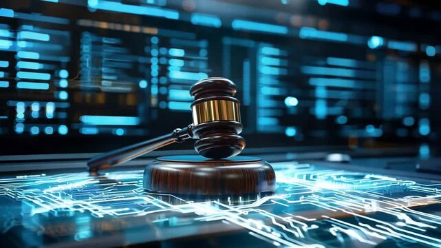 A wooden gavel rests on a glowing blue circuit board, with abstract data elements in the background, representing law and technology