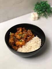 Honey garlic chicken served with rice for lunch