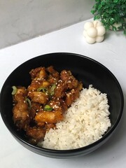 Honey garlic chicken served with rice for lunch