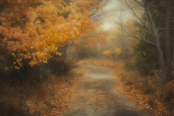 Obraz premium Peaceful Path Through Vibrant Autumn Foliage