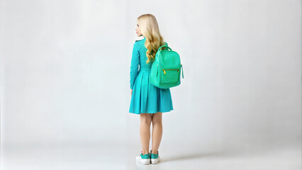 Young girl with a green backpack wearing a teal dress standing with her back to the camera on a light background with copy space