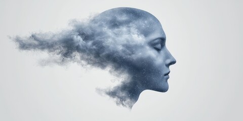 A surreal depiction of a woman's profile intertwined with cloud patterns.