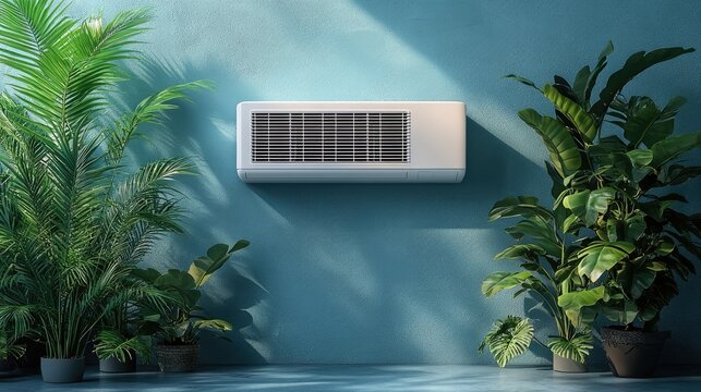 A modern air conditioner unit mounted on a blue wall, with potted plants on either side.  The unit is white with a black grill and is casting a shadow on the wall. 