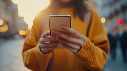 Woman using smartphone in urban environment.