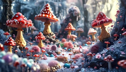 Explore the enchanted forest filled with colorful mushrooms and mystical fungi wonders