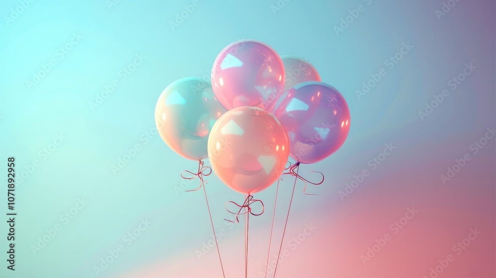 Poster a small, whimsical bouquet of pastel balloons hovers gently on a gradient background, fading from li
