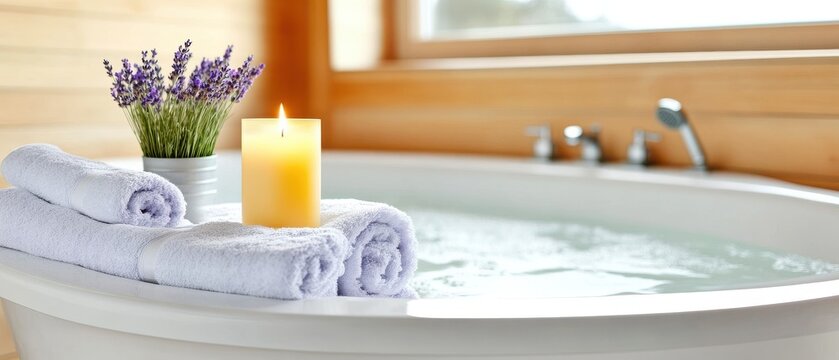 A serene bathroom scene featuring a white tub filled with water, lavender flowers, a lit candle, and rolled towels, creating a relaxing atmosphere.