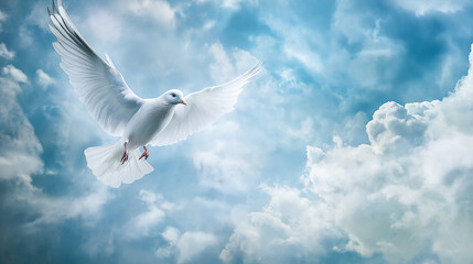 Graceful white dove soaring through bright clouds, symbolizing peace and freedom. Captured mid-flight with detailed feathers against a heavenly blue sky backdrop, perfect for serene themes.