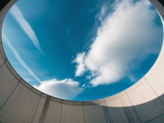 Cylindrical view of blue sky and clouds from concrete structure.