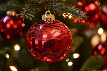 Red Christmas ornament hangs from evergreen branch, surrounded by snow, capturing festive holiday spirit.