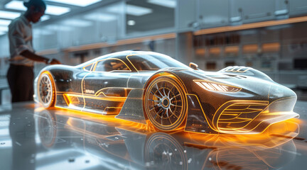 Obraz premium A professional standing beside a holographic car on the table, ultra translucent 3d rendering, intricate details, office atmosphere.