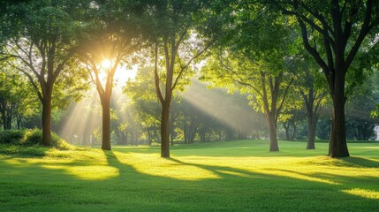 Obraz premium Gentle sunlight filters through forest trees evoking a sense of serenity and peace