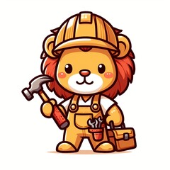 Naklejka premium Cute Lion Handyman Holding Hammer Cartoon Vector Icon Illustration.
