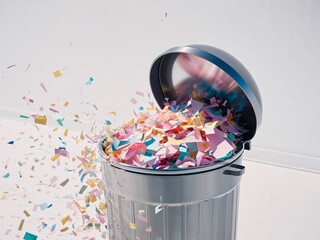 A trash can filled with colorful paper and confetti.